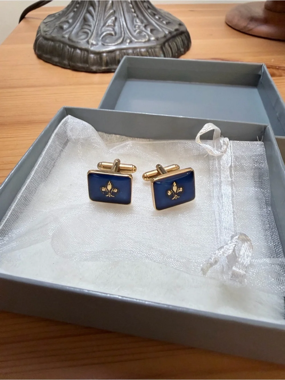 Gold-Tone Blue Fleur-de-Lis Rectangular Cuff Links - Men's Accessories